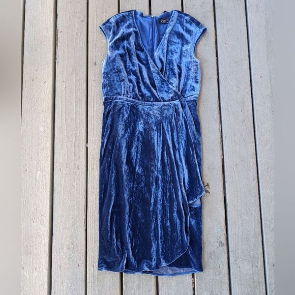 Magaschoni Blue Velvet Draped Silk Dress - Size 14,‎ Luxurious Evening Elegance - Picture 1 of 8